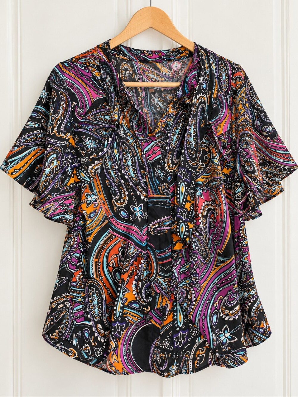 Black Paisley Flutter-Sleeve V-Neck Top